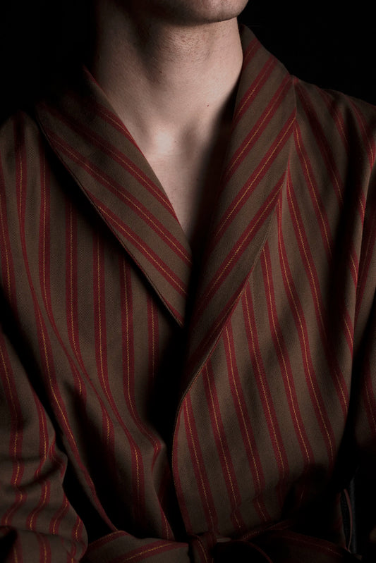 DRESSING-GOWN BROWN-Red-gold 100% COTTON Herringbone-Thick, Brushed-inside Regimental-M-Stripes