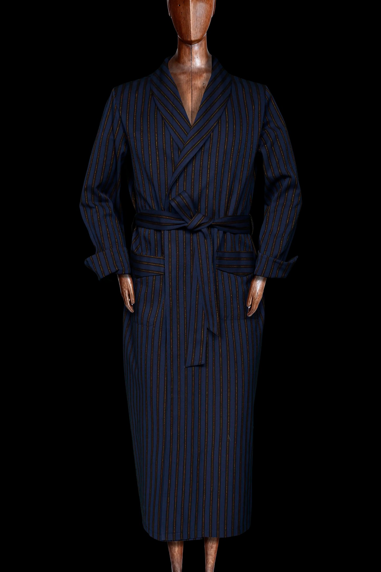 DRESSING-GOWN NAVY-Mocha-gold 100% COTTON Herringbone-Thick, Brushed-inside Regimental-M-Stripes