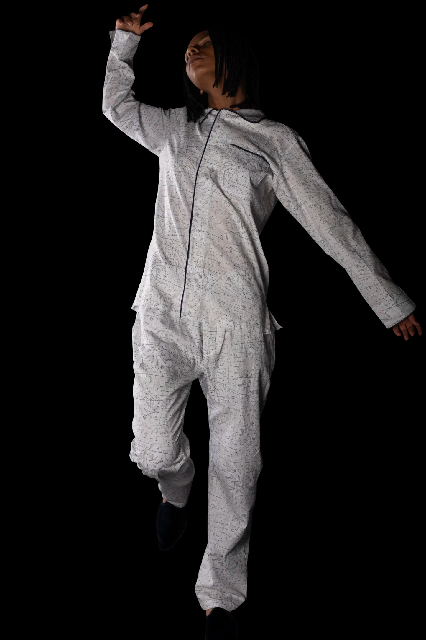 PYJAMA NATURAL-Brown with navy piping 100% COTTON Herringbone-light, Velvet Constellations digital-print