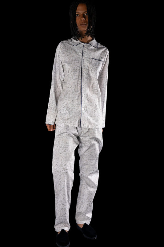 PYJAMA NATURAL-Brown with navy piping 100% COTTON Herringbone-light, Velvet Constellations digital-print
