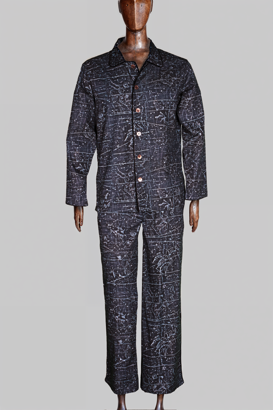 PYJAMA NAVY-Blue-white with black piping 100% COTTON Herringbone-light, Velvet Constellations digital-print