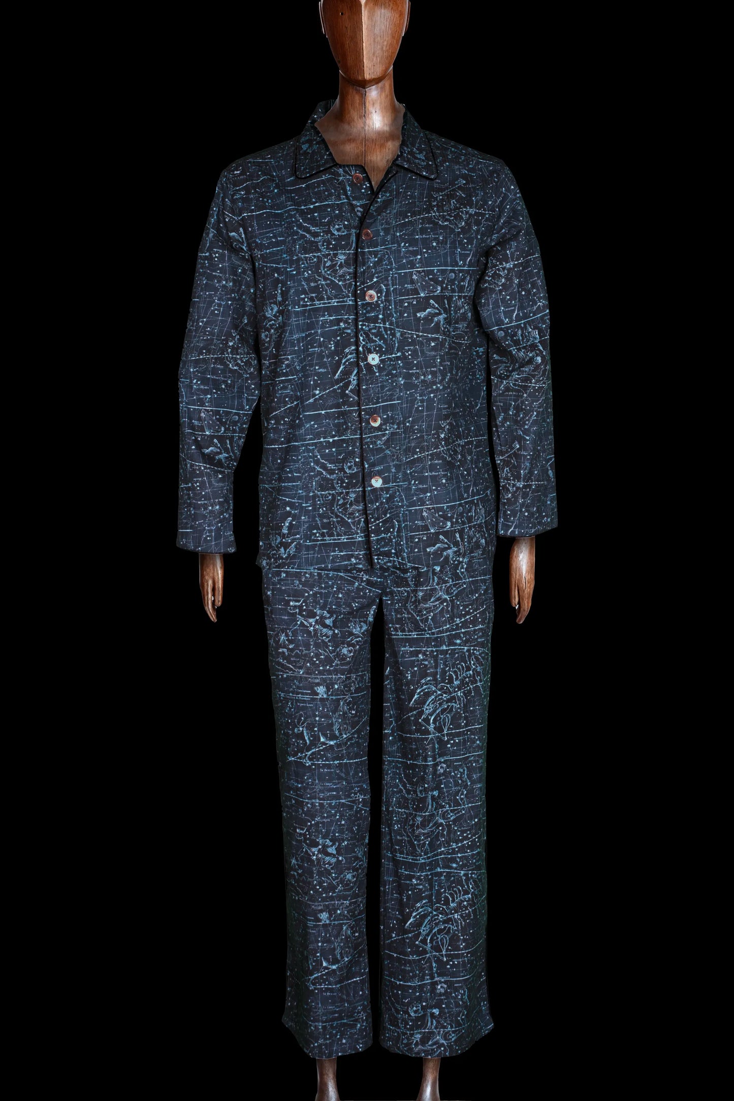PYJAMA NAVY-Blue with black piping 100% COTTON Herringbone-light, Velvet Constellations digital-print