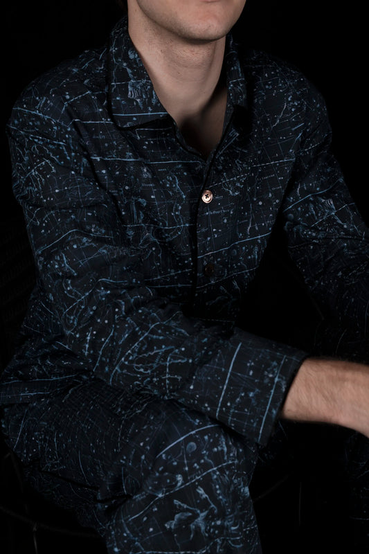 PYJAMA NAVY-Blue with black piping 100% COTTON Herringbone-light, Velvet Constellations digital-print
