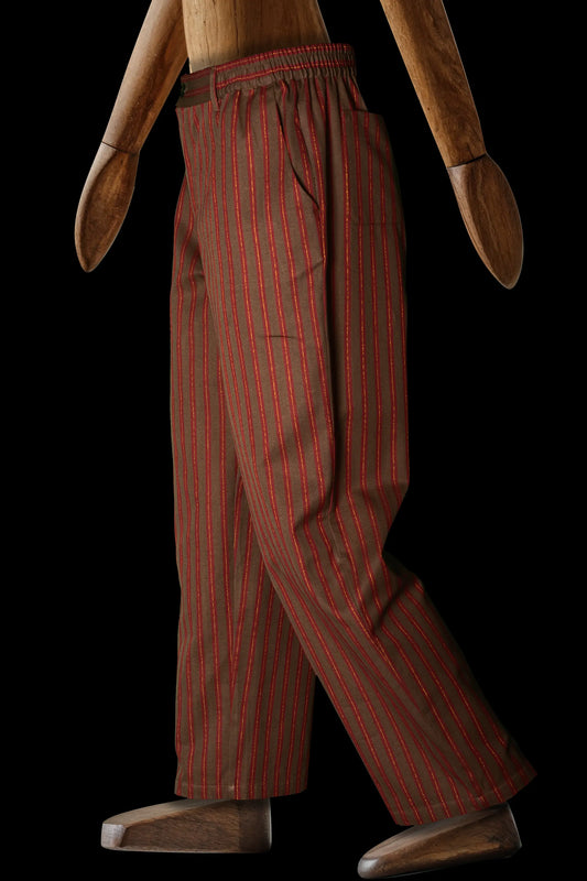 BUTTON-TROUSERS BROWN-Red-gold 100% COTTON Herringbone-Thick-Brushed-inside Regimental-M-Stripes