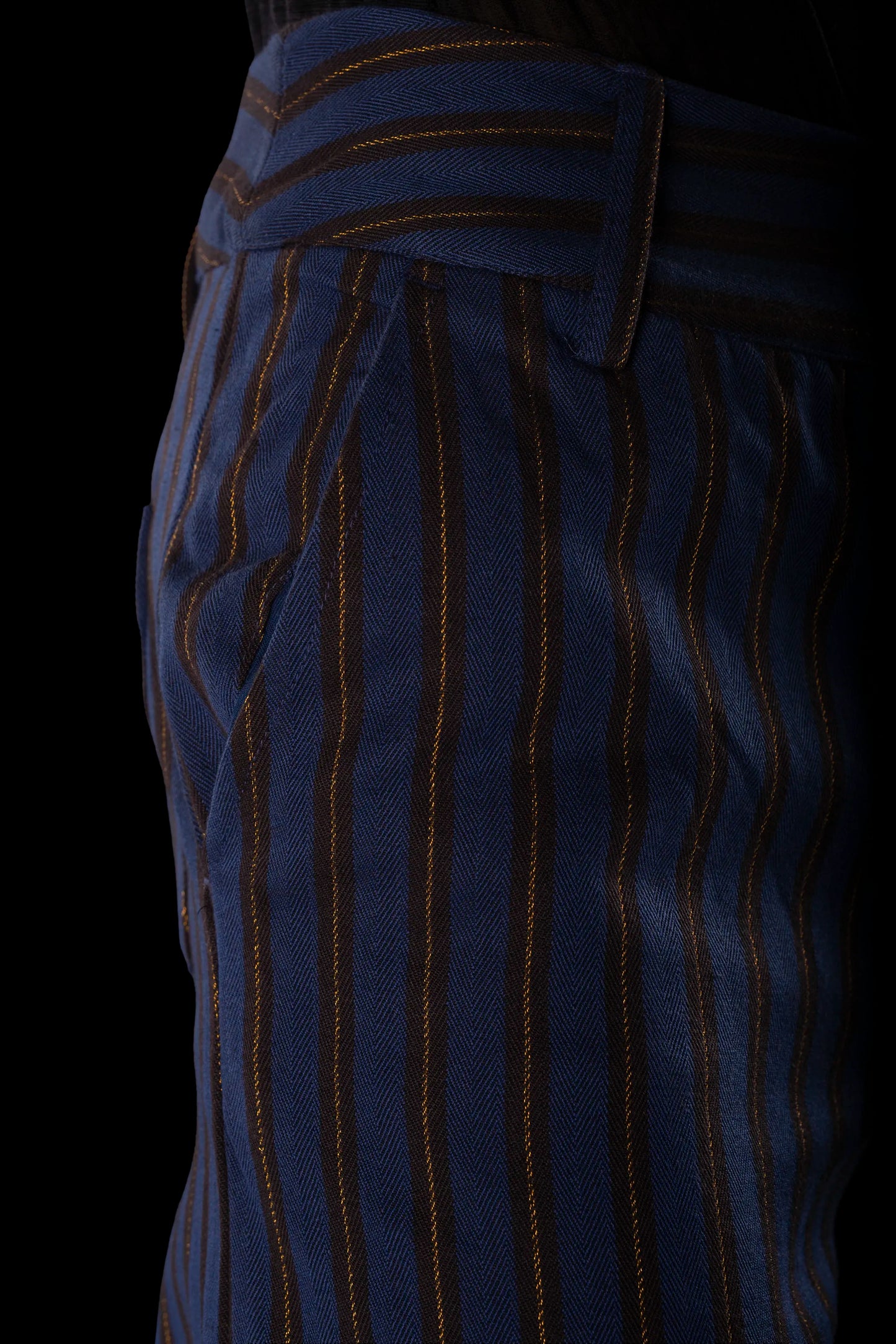 SAILOR-TROUSERS NAVY-Mocha-gold 100% COTTON Herringbone-Thick, Brushed-inside Regimental-S-Stripes