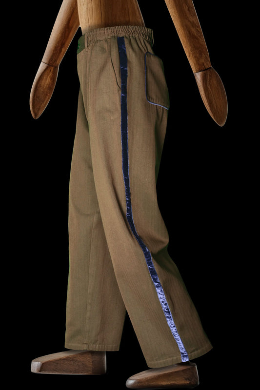 BUTTON-TROUSERS BROWN-Green with velvetblue piping 100% COTTON Herringbone-Thick-Brushed-inside-Velvet