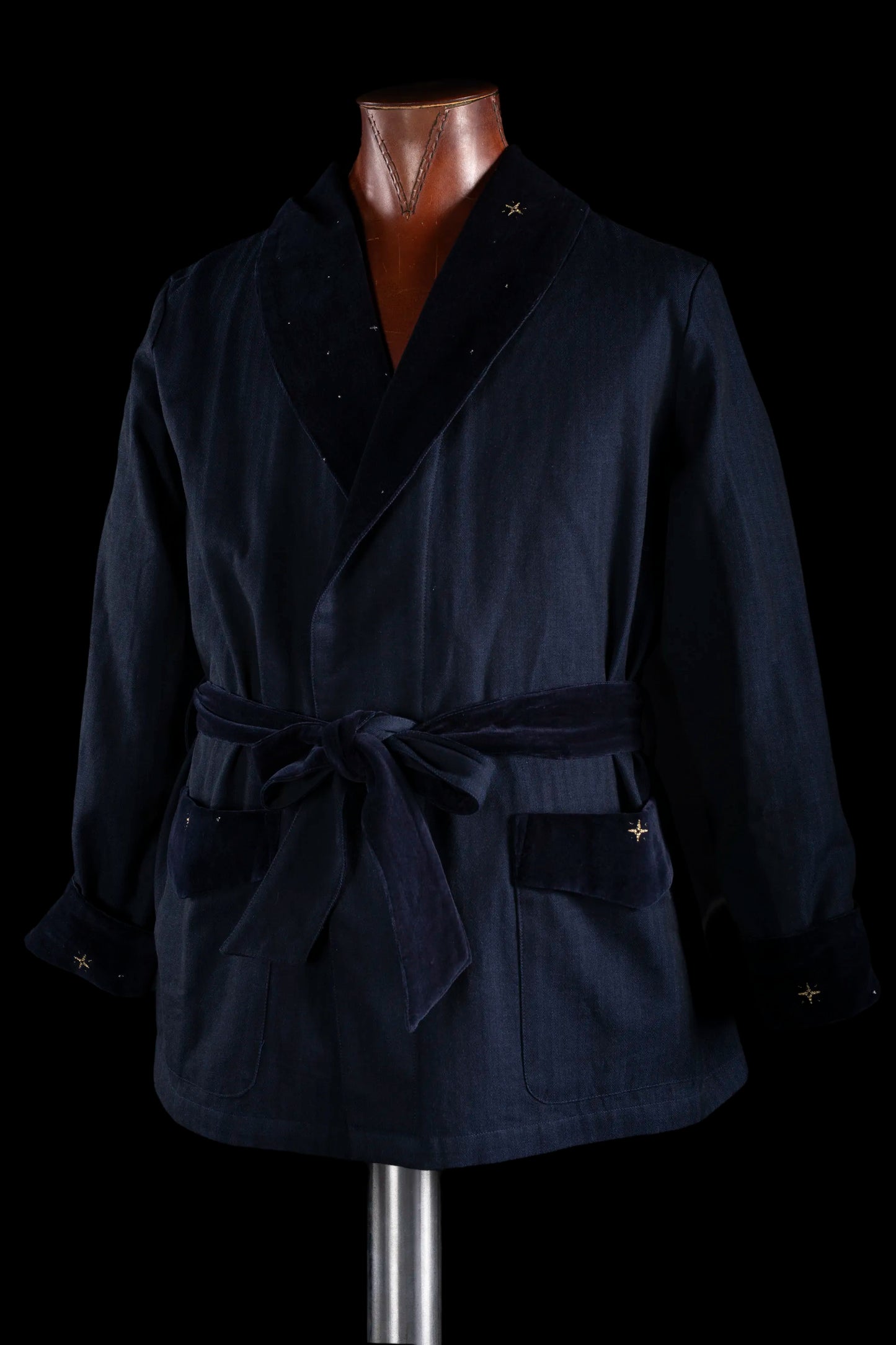 SMOKING-JACKET NAVY-Velvetblue with velvetblue taping 100% COTTON Herringbone-Thick, Velvet, Embroidered