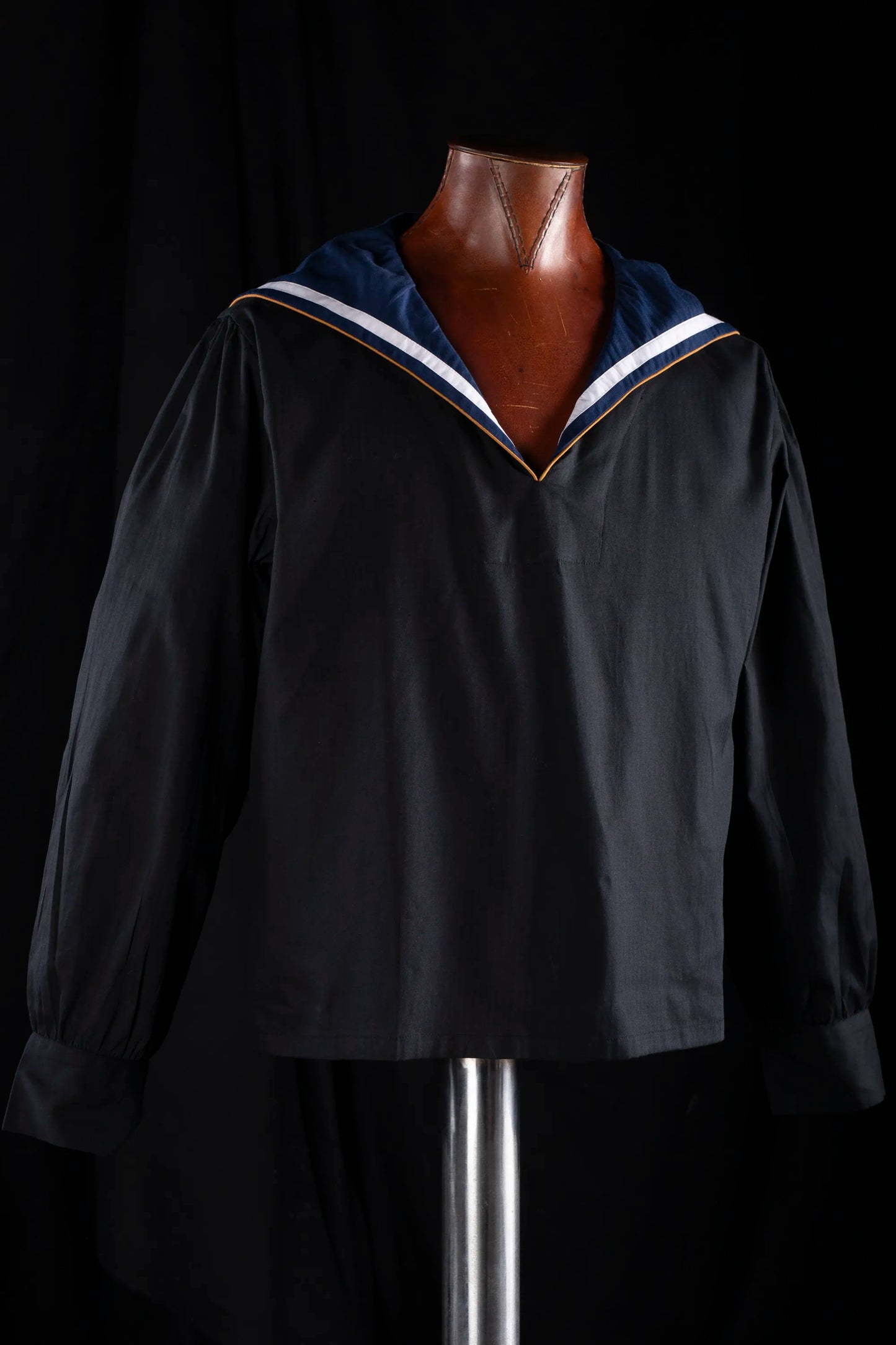 SAILOR-SHIRT-SHORT BLACK-Navy-white-gold with white-gold piping 100% COTTON Herringbone-light