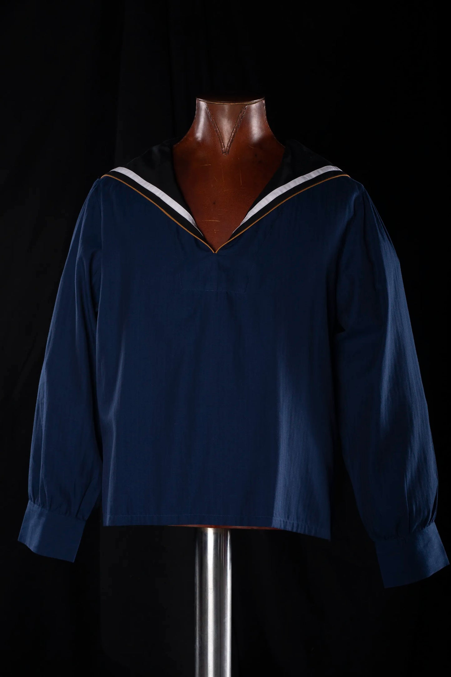SAILOR-SHIRT-SHORT NAVY-Black-white-gold with white-gold piping 100% COTTON Herringbone-light
