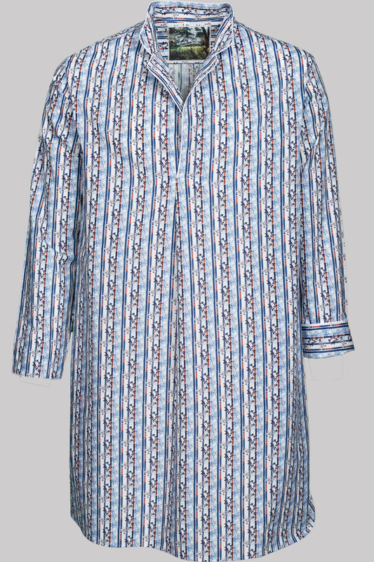 NIGHT-SHIRT WHITE-Blue-navy-terracotta with  piping 100% COTTON Popeline