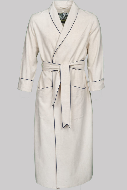 DRESSING-GOWN NATURAL with  taping 100% COTTON Herringbone-Thick, Brushed-inside