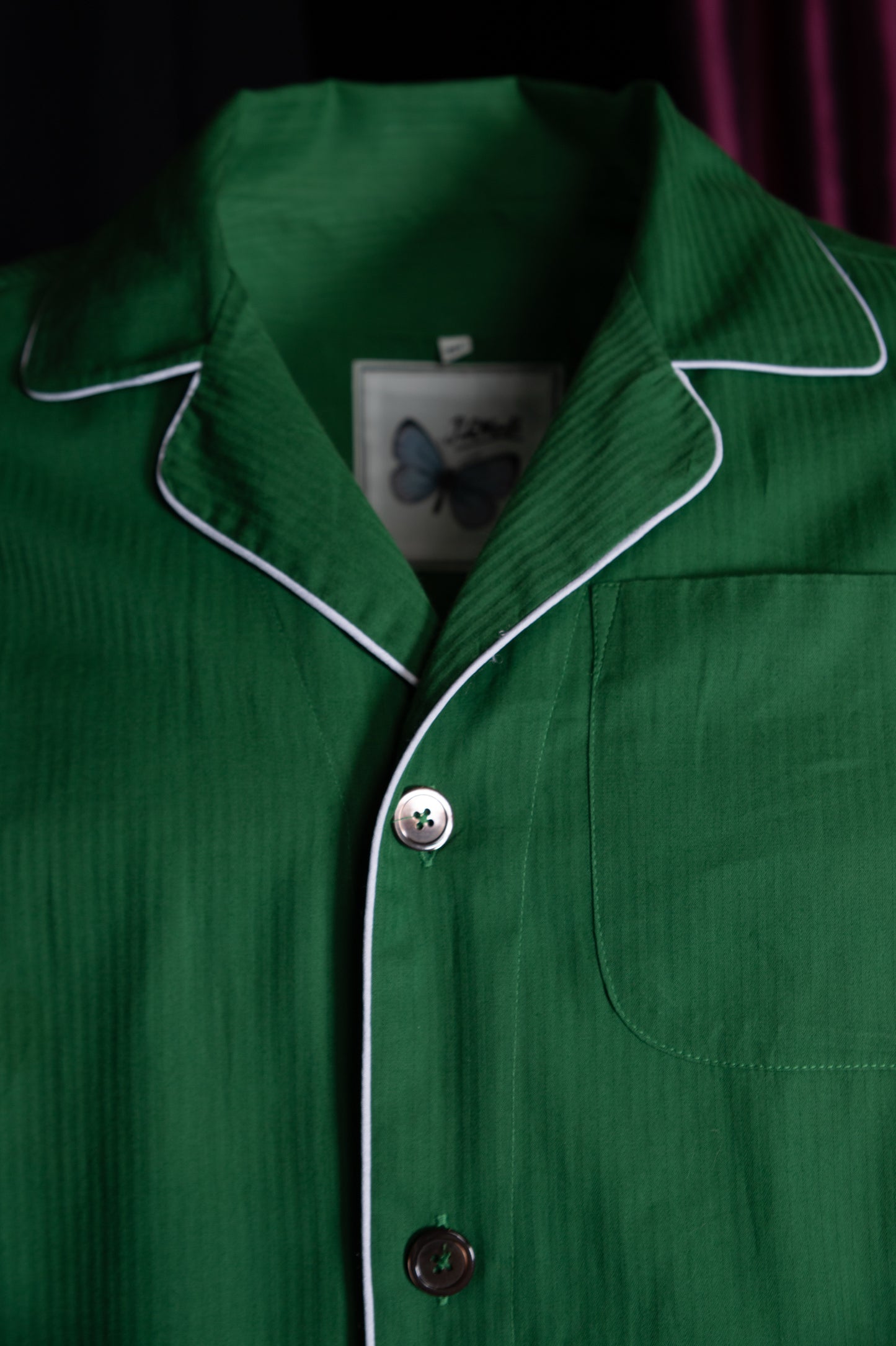 PYJAMA GREEN with white piping 100% COTTON Herringbone-light fabric-dyed