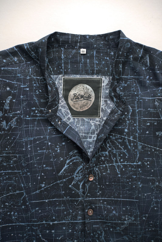 GRANDDAD-LONGSHIRT NAVY-Blue 100% COTTON Herringbone-light Constellations digital-print