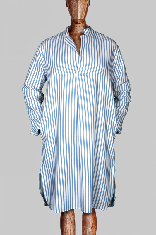 NIGHT-SHIRT WHITE-Blue-gold 100% COTTON Herringbone-light