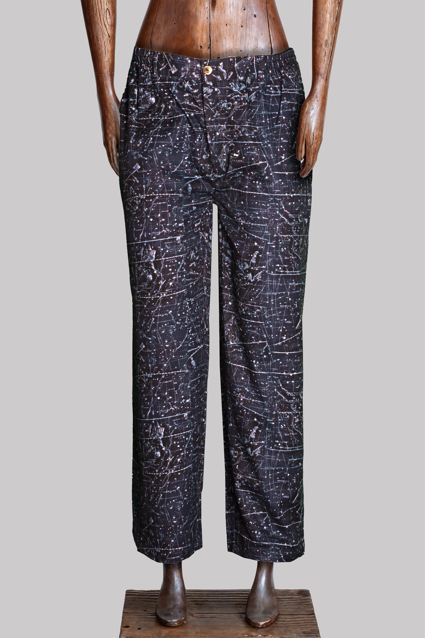 BUTTON-TROUSERS NAVY-Blue-white 100% COTTON Herringbone-Thick-Brushed-inside Constellations digital-print