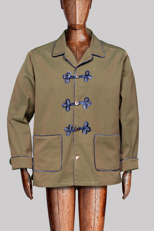 HUSSAR-JACKET BROWN with velvetblue braiding 100% COTTON Herringbone-Thick-Brushed-inside