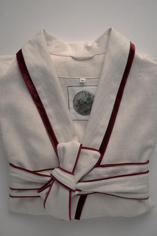 DRESSING-GOWN NATURAL with velvetburgundy taping 100% COTTON Herringbone-Thick-Brushed-inside