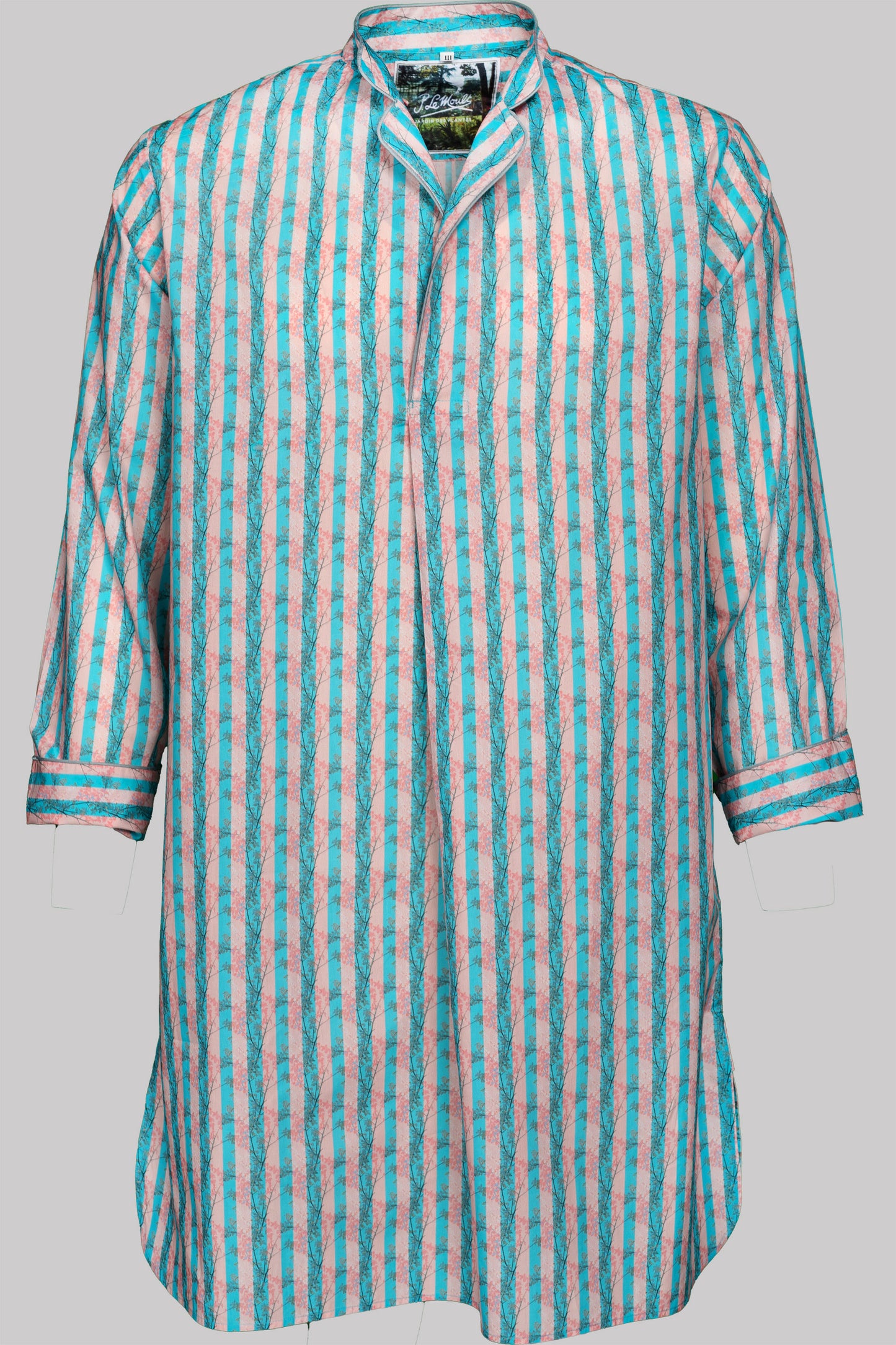 NIGHT-SHIRT LIGHTCORAL-Paleblue-green with  piping 100% COTTON Popeline Medium-Stripes digital-print