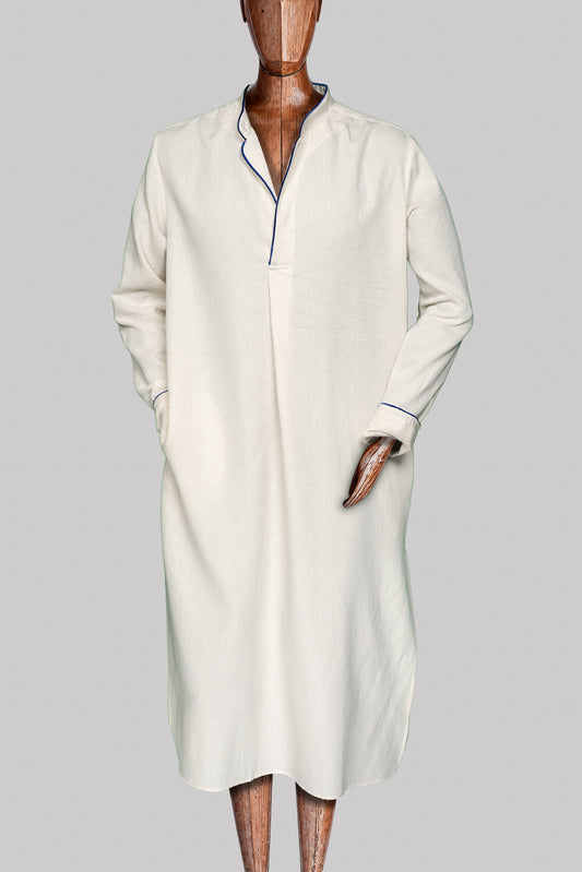 LONG-NIGHT-SHIRT NATURAL with velvetblue piping 100% COTTON Herringbone-light, Velvet
