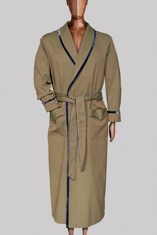 DRESSING-GOWN BROWN with velvetblue taping 100% COTTON Herringbone-Thick-Brushed-inside