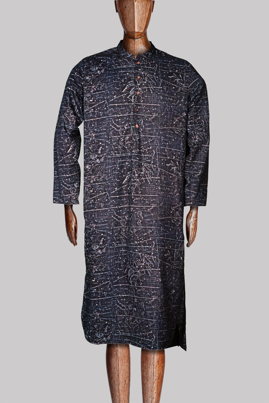 GRANDDAD-LONGSHIRT NAVY-Blue 100% COTTON Herringbone-light Constellations digital-print