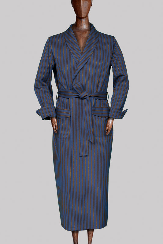 DRESSING-GOWN NAVY-Mocha-gold 100% COTTON Herringbone-Thick-Brushed-inside Regimental-M-Stripes