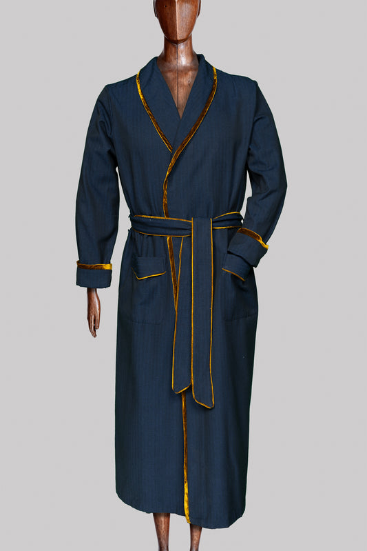 DRESSING-GOWN NAVY with gold taping 100% COTTON Herringbone-Thick-Brushed-inside