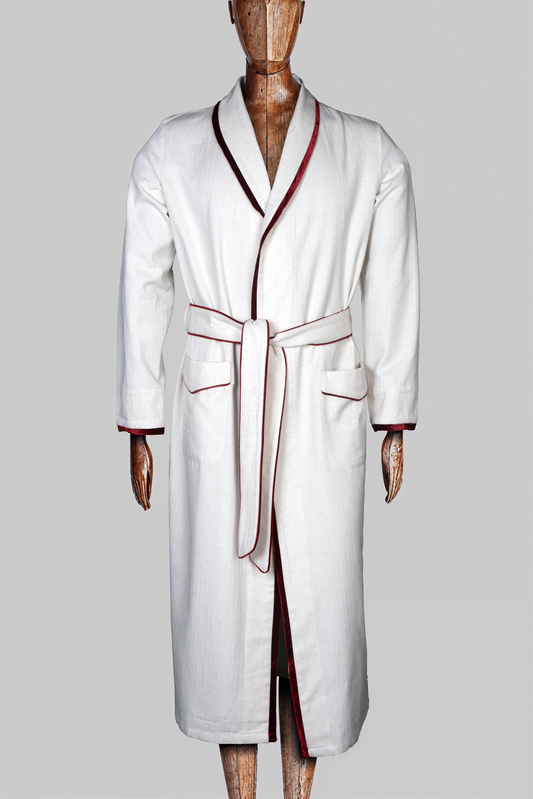 DRESSING-GOWN NATURAL with velvetburgundy taping 100% COTTON Herringbone-Thick-Brushed-inside