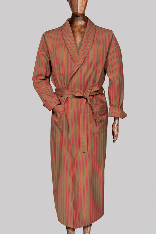 DRESSING-GOWN BROWN-Red-gold 100% COTTON Herringbone-Thick-Brushed-inside Regimental-M-Stripes