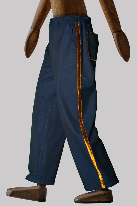 BUTTON-TROUSERS NAVY with gold piping 100% COTTON Herringbone-Thick-Brushed-inside-Velvet