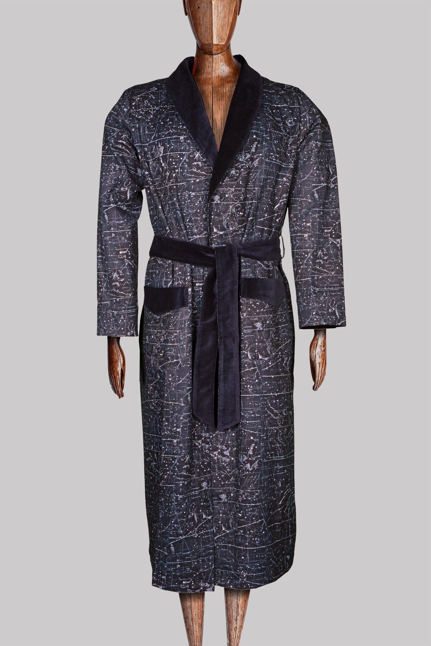 DRESSING-GOWN NAVY-Blue-white 100% COTTON Herringbone-Thick-Brushed-inside-Velvet Constellations digital-print