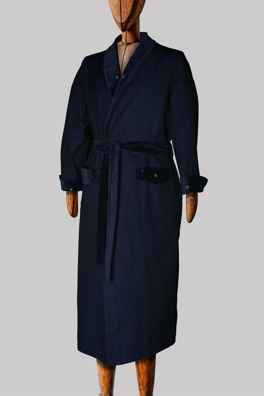 DRESSING-GOWN NAVY 100% COTTON Herringbone-Thick-Velvet-Embroidered