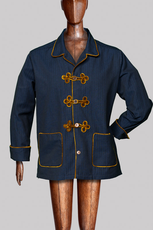 HUSSAR-JACKET NAVY with gold braiding 100% COTTON Herringbone-Thick-Brushed-inside