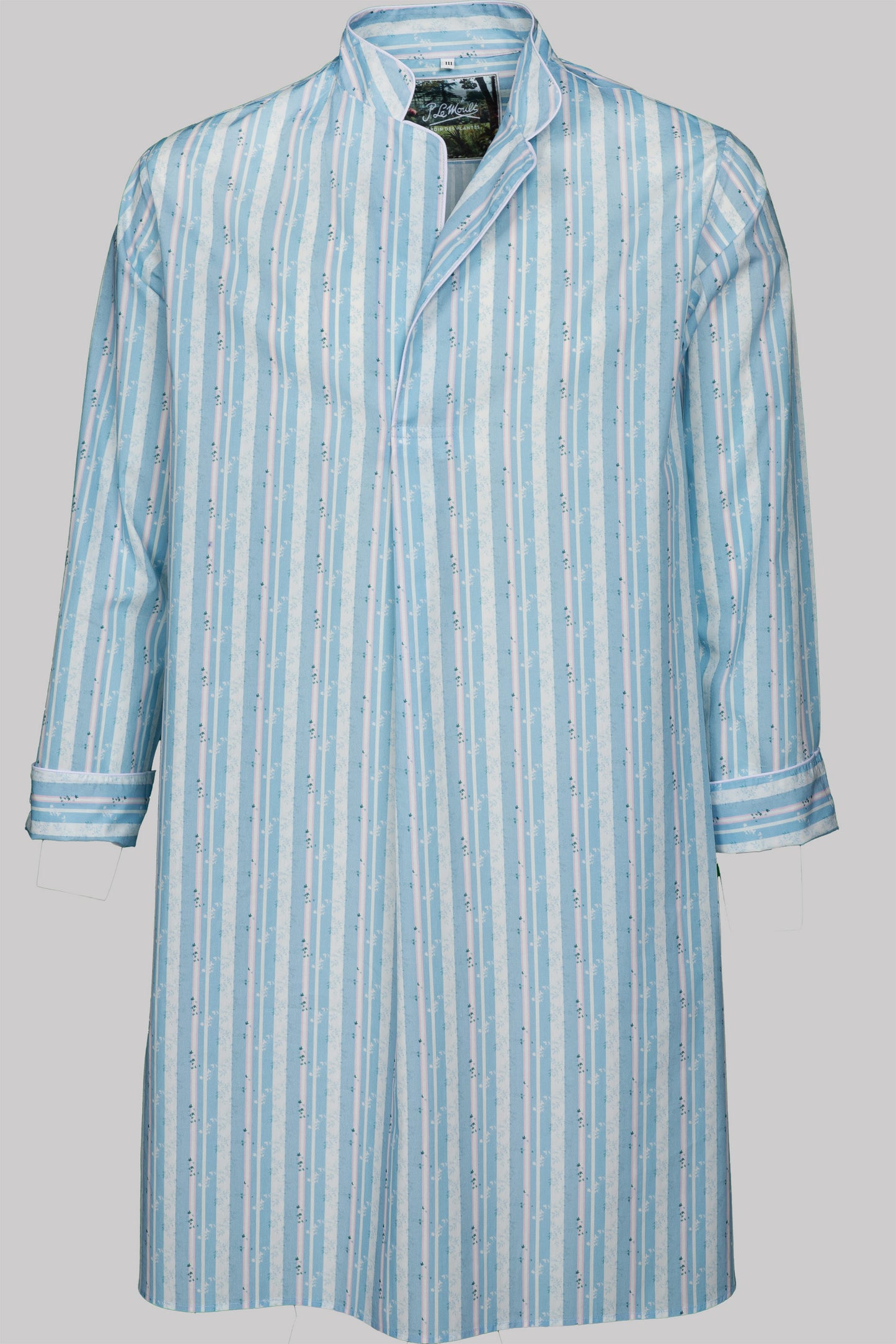 NIGHT-SHIRT PALEBLUE-White-green with  piping 100% COTTON Popeline Medium-Stripes digital-print