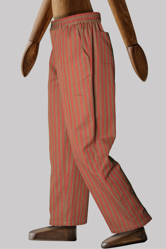 BUTTON-TROUSERS BROWN-Red-gold 100% COTTON Herringbone-Thick-Brushed-inside Regimental-M-Stripes