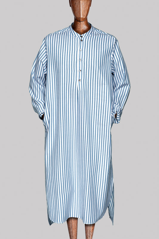 GRANDDAD-LONGSHIRT WHITE-Blue-gold 100% COTTON Herringbone-light