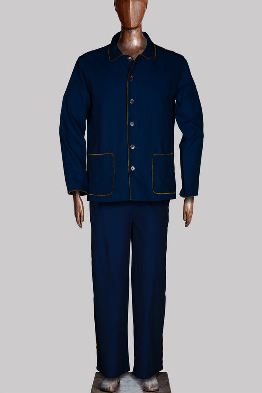 PYJAMA NAVY with gold piping 100% COTTON Herringbone-light, Velvet