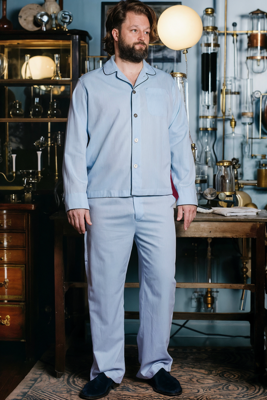 PYJAMA SKY with black piping 100% COTTON Herringbone-light