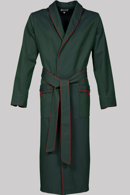 DRESSING-GOWN PEACOCKGREEN with red-red braiding 100% COTTON Herringbone-Thick, bi-colour-weave, brushed-inside