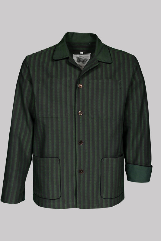 COLONEL-JACKET PEACOCKGREEN-Black-black with black piping 100% COTTON Herringbone-Thick-Brushed-inside Broad-Stripes screen-print