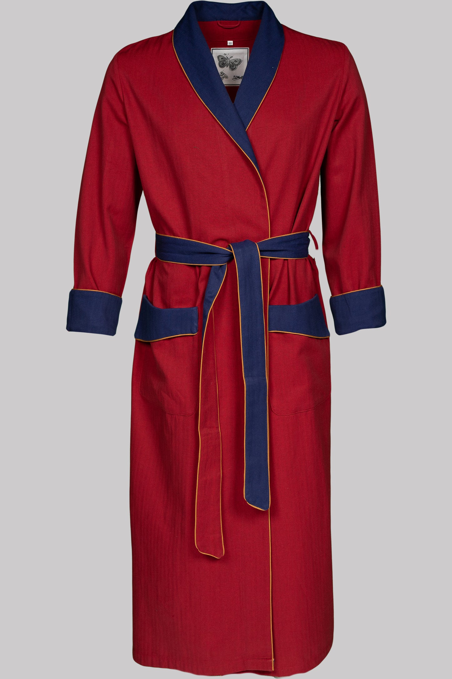 DRESSING-GOWN RED with gold taping 100% COTTON Herringbone-Thick, bi-colour-weave, brushed-inside