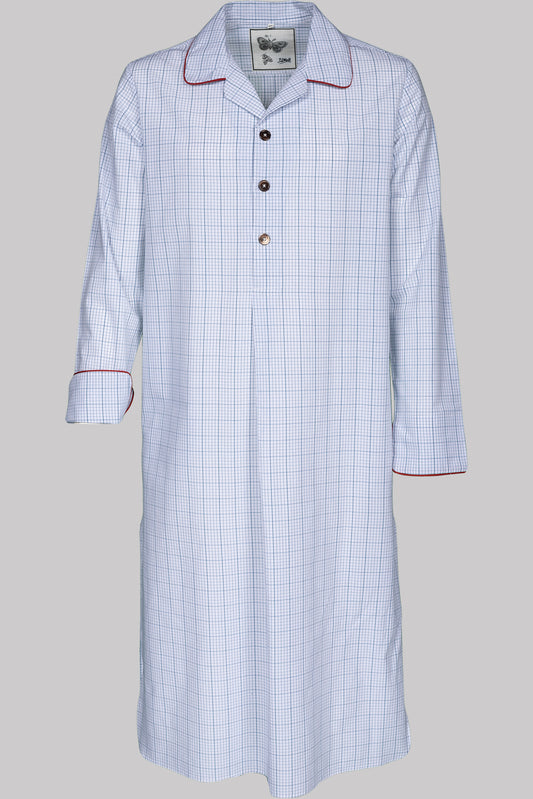 LONG-SHIRT WHITE-Blue-red with red piping 100% COTTON Cambric