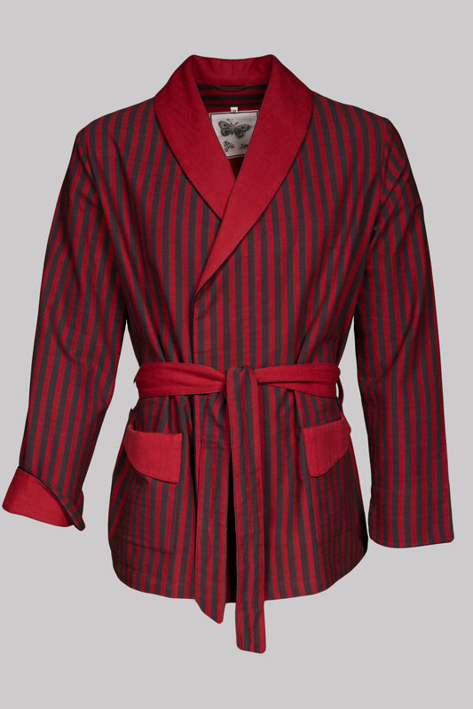 SMOKING-JACKET RED-Black-black with black piping 100% COTTON Herringbone-Thick-Brushed-inside Broad-Stripes screen-print