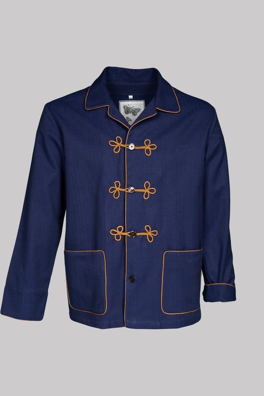 HUSSAR-SHIRT BLUE with gold braiding 100% COTTON Herringbone-Thick, bi-colour-weave, brushed-inside
