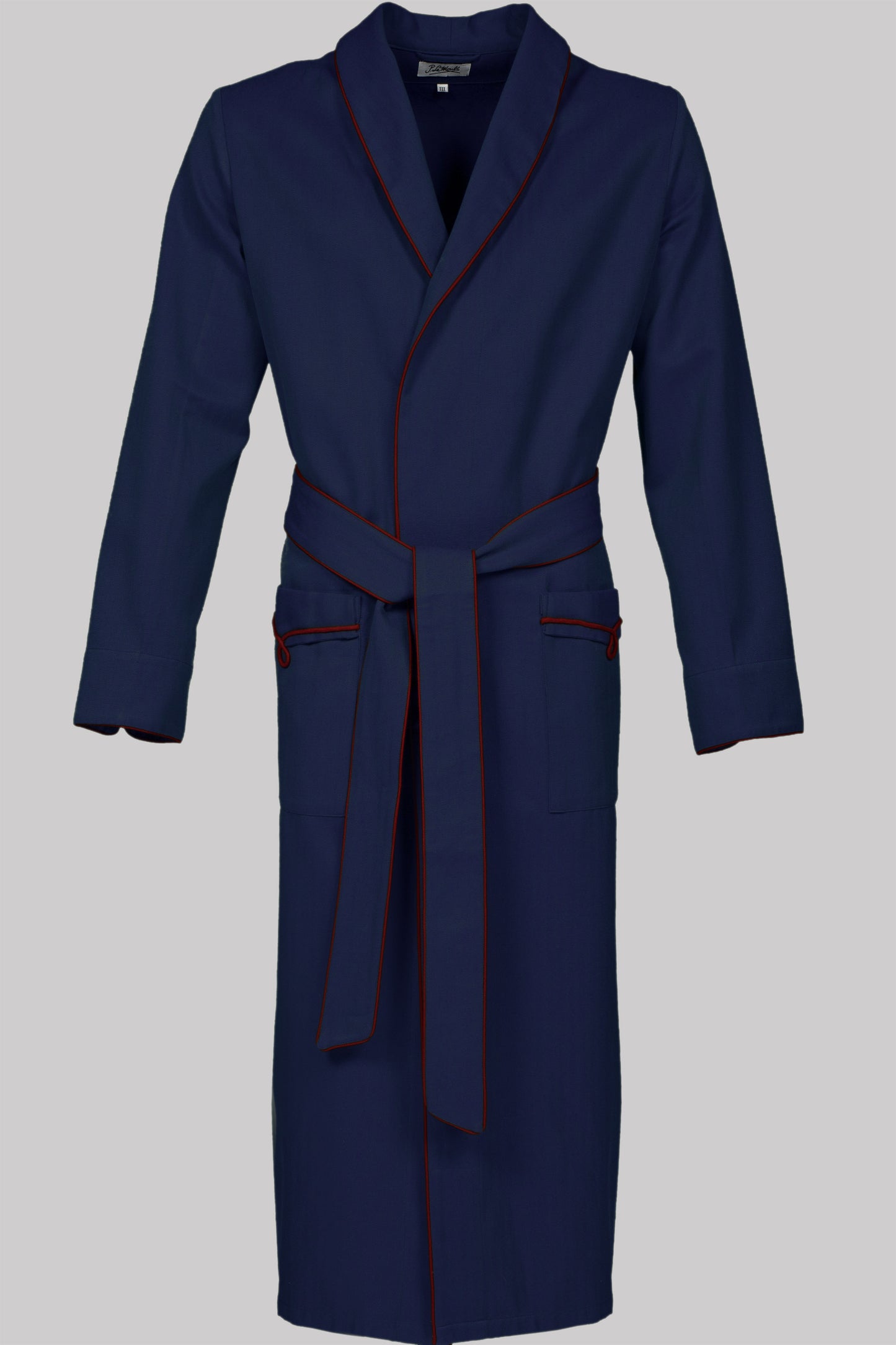 DRESSING-GOWN BLUE with burgundy braiding 100% COTTON Herringbone-Thick, bi-colour-weave, brushed-inside
