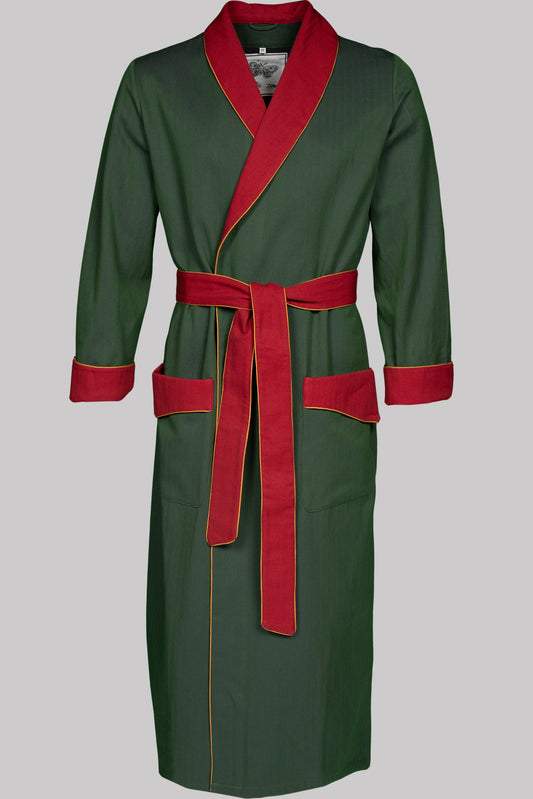 DRESSING-GOWN PEACOCKGREEN with gold taping 100% COTTON Herringbone-Thick, bi-colour-weave, brushed-inside