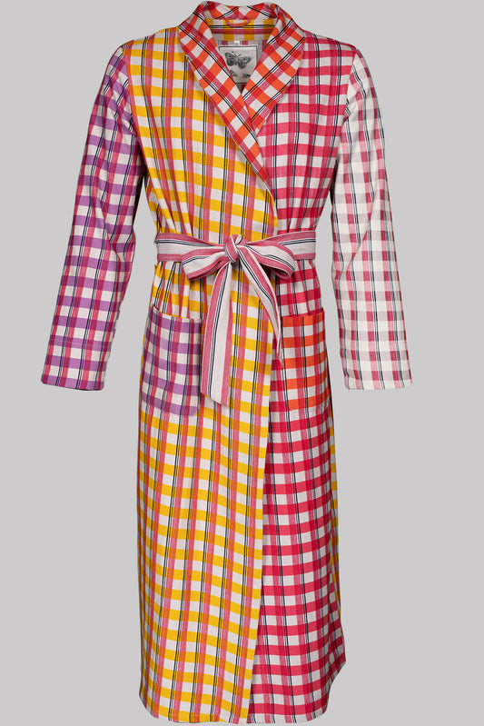 DRESSING-GOWN RED-Sandsilver-multicolour-black 100% COTTON Herringbone-Thick, Brushed-inside Asymmetric-Stripes screen-print