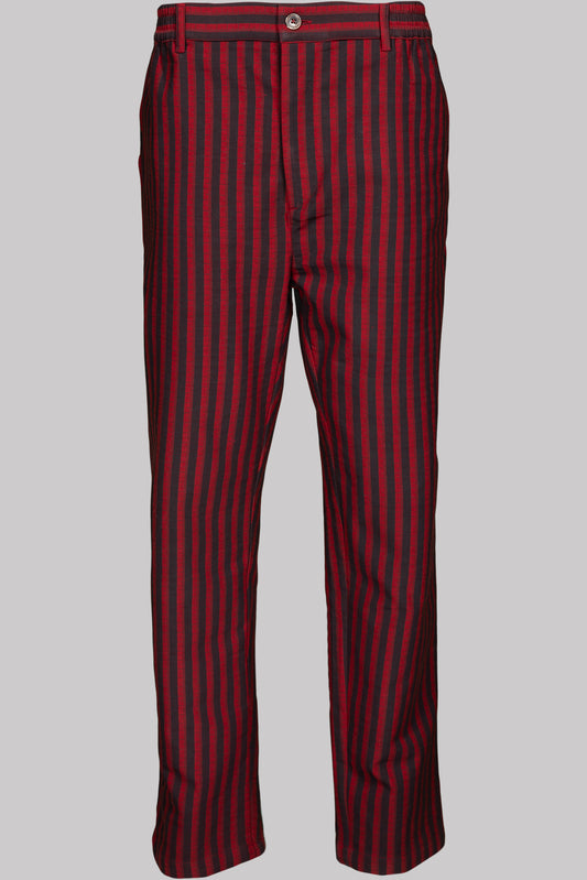 BUTTON-TROUSERS RED-Black 100% COTTON Herringbone-Thick, Brushed-inside Broad-Stripes screen-print