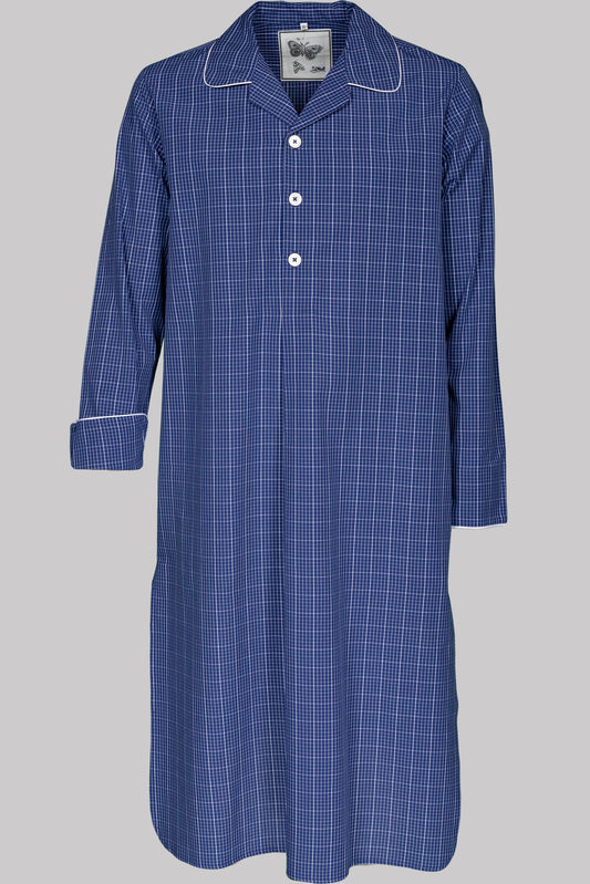 LONG-SHIRT BLUE-White with white piping 100% COTTON Cambric Windowpane-Checks