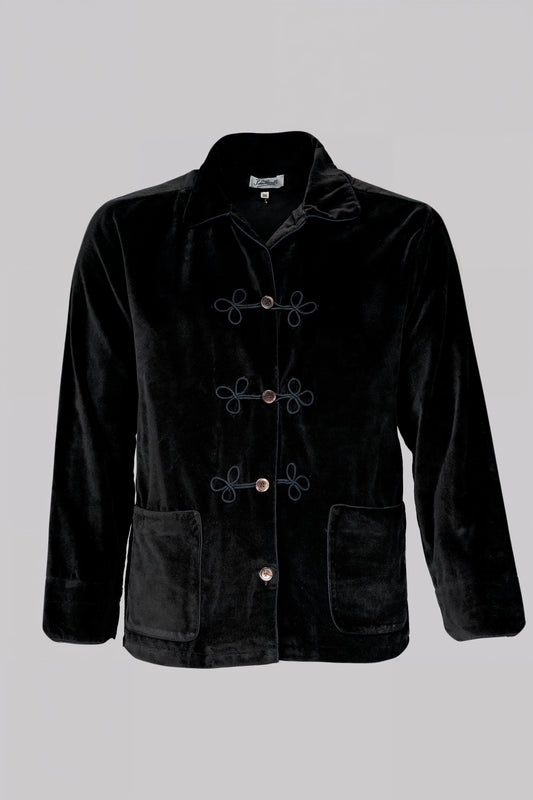 HUSSAR-SHIRT BLACK with black braiding 100% COTTON Velvet fabric-dyed